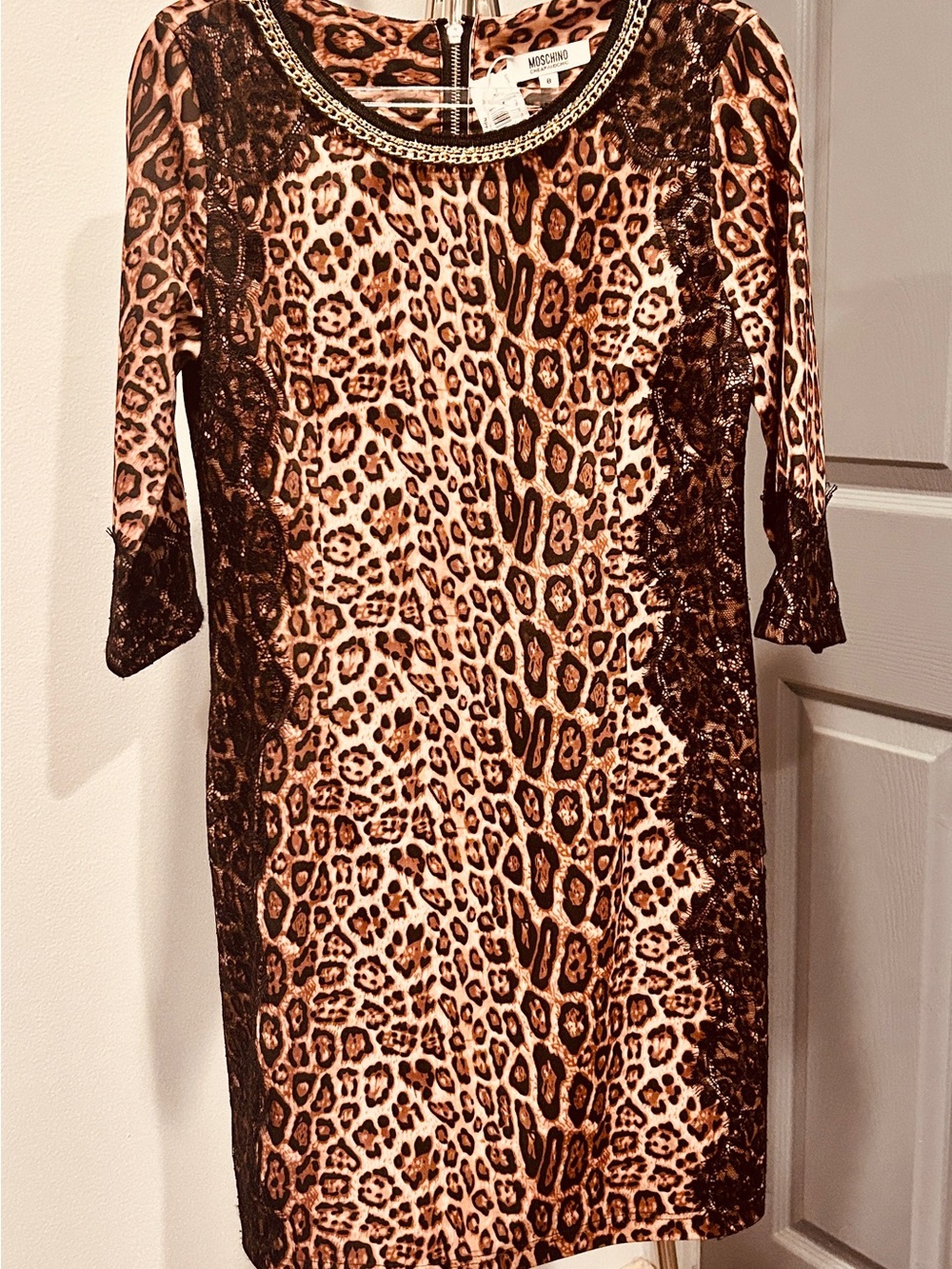 Moschino Leopard Print Long Sleeve Shift Dress with Jeweled Neckline black lace.